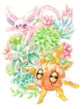 Rule 34 | aloe (plant), espeon, forehead jewel, full body, gen 2 pokemon, gen 3 pokemon, highres, nintendo, no humans, non (kumakawayusu), painting (medium), pokemon, pokemon (creature), purple eyes, red eyes, signature, simple background, solrock, traditional media, watercolor (medium), white background