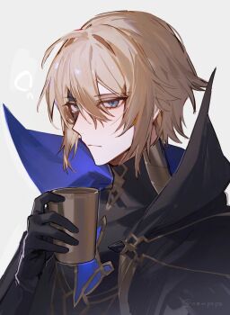 1boy absurdres black_gloves black_shirt blonde_hair blue_eyes closed_mouth cup dainsleif_(genshin_impact) diamond-shaped_pupils diamond_(shape) genshin_impact gloves hair_between_eyes half_mask hand_up highres holding holding_cup looking_at_viewer male_focus mask mystical_high_collar shirt short_hair shuukenyuu simple_background solo symbol-shaped_pupils twitter_username upper_body
