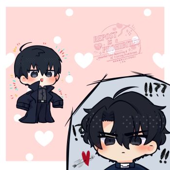 !? 2boys :d ahoge arrow_through_heart black_coat black_hair black_shirt blush borrowed_clothes coat commentary cosplay double-parted_bangs hair_between_eyes highres kim_dokja kimidori_22 male_focus multiple_boys omniscient_reader&#039;s_viewpoint open_clothes open_coat open_mouth popped_collar shirt short_hair smile symbol-only_commentary yoo_joonghyuk yoo_joonghyuk_(cosplay)