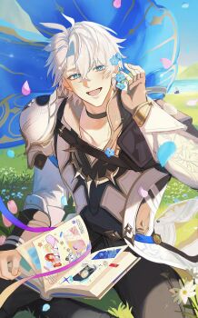 1boy :d absurdres aglaea_(honkai:_star_rail) antenna_hair armor black_choker black_shirt blue_cape blue_eyes blue_sky blush book cape castorice_(honkai:_star_rail) choker cipher_(honkai:_star_rail) coat floating_cape flower forget-me-not_(flower) hashtag-only_commentary highres holding holding_book honkai:_star_rail honkai_(series) hyacine_(honkai:_star_rail) hysilens_(honkai:_star_rail) little_ica_(honkai:_star_rail) looking_at_viewer male_focus mydei_(honkai:_star_rail) neck_tattoo on_grass open_mouth parted_bangs pauldrons phainon_(honkai:_star_rail) photo_(object) shirt short_hair shoulder_armor single_pauldron sitting sky smile solo sun_symbol sun_tattoo tan tattoo tribios_(honkai:_star_rail) tubakkkki65 white_coat white_hair