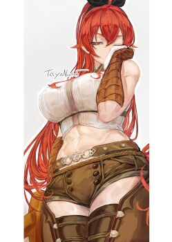 1girl abs absurdres ahoge artist_name bare_shoulders belt black_ribbon blue_background breasts brown_gloves brown_shorts brown_thighhighs commentary_request cowboy_shot cropped_shirt eris_greyrat gloves hair_between_eyes hair_ribbon hand_up highres holding holding_towel large_breasts long_hair looking_at_viewer muscular muscular_female mushoku_tensei navel one_eye_closed outline red_eyes red_hair ribbon shirt short_shorts shorts simple_background sleeveless sleeveless_shirt solo tayanano5 thighhighs towel very_long_hair white_outline white_shirt wince wiping_face zettai_ryouiki