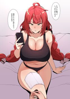 1boy 1girl ahoge bar_censor braid braided_twintails breasts cellphone censored cleavage green_eyes hair_ornament large_breasts long_hair looking_at_penis male_masturbation masturbation meganeru on_bed phone red_hair sitting small_penis smartphone sphere_hair_ornament sports_bra tissue translated twintails ukinami_yuzuha zenless_zone_zero