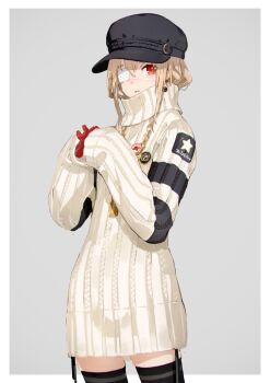Rule 34 | 1girl, blonde hair, border, casual, closed mouth, cowboy shot, eyepatch, female focus, gloves, grey background, hat, heavily armed high school girls, jewelry, looking at viewer, necklace, neco, original, outside border, red eyes, ribbed sweater, san (heavily armed high school girls), short hair, simple background, solo, standing, sweater, thighhighs, turtleneck, turtleneck sweater
