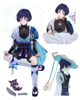 1boy 1girl anemo_symbol_(genshin_impact) animalization armor belt black_belt black_bodysuit black_bow black_bridal_gauntlets black_cat black_eyes black_hair black_rope black_sandals black_shorts blue_cape blue_gem blue_halo blue_kimono blunt_ends bodysuit book bow bracelet bridal_gauntlets bright_pupils cape cat closed_eyes closed_mouth colored_tips commentary cross-shaped_pupils drawing_(action) dress elbow_rest english_commentary eyeliner eyeshadow facing_viewer floating furisode gem genshin_impact gold gold_ring green_eyes green_hair green_pupils hair_ornament hakama hakama_shorts half_crown_braid half_lotus_position halo halo_behind_head hand_on_own_chin hand_on_own_knee hand_up head_tilt highres holding holding_pen japanese_armor japanese_clothes jewelry jitome juban kimono kote kurokote leaf leaf_hair_ornament leg_warmers levitation looking_at_another looking_to_the_side makeup meditation middle_ring multicolored_hair multiple_views nahida_(genshin_impact) nee_madiiiii open_clothes open_kimono open_mouth paper peeking_out pen pleated_shorts purple_hair purple_rope purple_sash red_eyeliner red_eyeshadow ringed_eyes rope sandals sash scaramouche_(cat)_(genshin_impact) scaramouche_(genshin_impact) short_sleeves shorts shoulder_peek socks streaked_hair symbol-shaped_pupils tilted_headwear toeless_socks toes tsurime turtleneck turtleneck_bodysuit twitter_username vision_(genshin_impact) wanderer_(genshin_impact) white_background white_dress white_hair white_kimono white_leg_warmers white_pupils white_sleeves white_socks wispy_bangs zouri