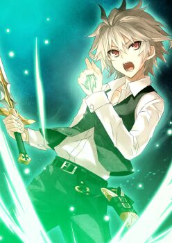 Rule 34 | 1boy, aura, belt, belt buckle, black belt, black pants, black vest, buckle, buttons, clenched hand, collarbone, command spell, cowboy shot, dress pants, dress shirt, fate/grand order, fate (series), green background, grey hair, hair between eyes, hand tattoo, hand up, holding, holding sword, holding weapon, konoe ototsugu, legs apart, light particles, long sleeves, looking to the side, male focus, medium hair, official art, open mouth, pants, partially unbuttoned, red eyes, shirt, shouting, sieg (fate), sleeve cuffs, solo, standing, straight-on, sword, tattoo, teeth, third-party source, unsheathed, v-shaped eyebrows, vest, waistcoat, weapon, white shirt