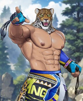 1boy abs animal_ears animal_head blue_gloves cloud day fingerless_gloves gloves highres jaguar jaguar_boy jaguar_ears king_(tekken) large_pectorals luchador male_focus muscular muscular_male navel nipples open_mouth outdoors pants pectorals pointing pointing_at_viewer rossciaco sky solo tekken tekken_8 tiger_mask_(object) topless_male wrestling_outfit