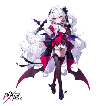 Rule 34 | 1girl, absurdres, animal, asymmetrical gloves, bat (animal), bat wings, black dress, black gloves, black panties, black shoes, black thighhighs, black wrist cuffs, block heels, breasts, card, cleavage, commentary, copyright name, covered navel, cowlick, crossed legs, demon girl, diamond (shape), dress, elbow gloves, full body, gloves, hair between eyes, highres, holding, holding animal, holding card, layered dress, lilith (poker fate), long hair, looking at viewer, microdress, multicolored dress, multicolored hair, nahaki, official art, panties, poker fate, red dress, red eyes, red hair, red streaks, red thighhighs, see-through clothes, shoes, side ponytail, sideboob, simple background, single elbow glove, single wrist cuff, small breasts, solo, streaked hair, thighhighs, underwear, uneven gloves, very long hair, white background, white hair, wings, wrist cuffs