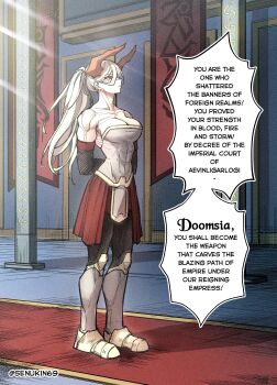 1girl absurdres armor armored_boots arms_behind_back artist_name bare_shoulders black_sleeves boots breasts closed_mouth collarbone commentary covered_abs detached_sleeves doomsia dragon_girl dragon_horns english_commentary grey_armor highres horns large_breasts long_hair looking_up muscular original ponytail red_carpet red_eyes red_horns senukin solo_focus speech_bubble standing throne_room