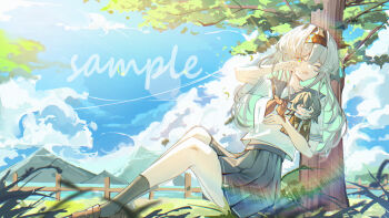 1girl alternate_costume ankle_socks aqua_hair black_hairband black_socks blue_sky breasts brown_shoes character_doll cloud colored_inner_hair commentary_request doll firefly_(honkai:_star_rail) full_body grass grey_hair grey_sailor_collar grey_skirt hairband hand_up highres holding holding_doll honkai:_star_rail honkai_(series) hua_(yijing) knees_up lake loafers long_hair medium_breasts midriff_peek mountainous_horizon multicolored_hair neckerchief one_eye_closed open_mouth orange_neckerchief outdoors pleated_skirt sailor_collar sample_watermark school_uniform serafuku shirt shoes sitting skirt sky socks sunlight trailblazer_(honkai:_star_rail) tree untucked_shirt watermark white_shirt