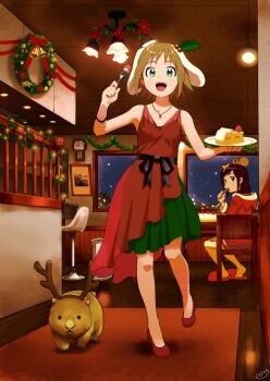 2girls :d animal animal_ears bare_shoulders bracelet brown_hair cake cake_slice christmas christmas_wreath cojibou commentary_request dress droopy_ears fake_animal_ears food fork fruit full_body green_dress green_eyes holding holding_fork holding_plate jewelry minamimi-san multiple_girls necklace open_mouth original plate red_dress red_shoes shoes short_hair sleeveless sleeveless_dress smile standing standing_on_one_leg strawberry strawberry_cake teeth two-tone_dress upper_teeth_only wombat wreath