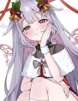 1girl absurdres alternate_costume bell blush bow castellayaki center-flap_bangs chest_jewel colored_inner_hair detached_wings double-parted_bangs dress fur-trimmed_dress fur_trim fuzzy_handcuffs gem gradient_hair grey_hair hair_bell hair_flaps hair_ornament hand_jewel hand_on_own_cheek hand_on_own_face heart highres hololive hololive_english jewel_under_eye jingle_bell koseki_bijou long_hair long_sidelocks looking_at_viewer multicolored_hair nail_polish pink_hair purple_eyes purple_gem purple_hair purple_nails red_dress sidelocks simple_background solo very_long_hair virtual_youtuber white_background wings