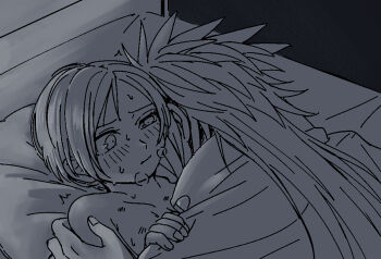 1boy 1girl blush cloak couple final_fantasy final_fantasy_vii furrowed_brow greyscale hand_on_another&#039;s_shoulder heavy_breathing hetero hickey implied_sex long_hair monochrome pillow s_m_man short_hair spiked_hair sweat topless_female upper_body vincent_valentine yuffie_kisaragi