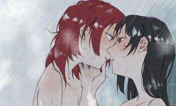 2girls adversarial_noise black_hair commentary eye_contact hand_on_another's_face hashtag-only_commentary long_hair looking_at_another love_live! love_live!_school_idol_project medium_hair multiple_girls nishikino_maki nude parted_lips purple_eyes red_eyes red_hair same-sex_bathing shared_bathing showering surfacedxxc wet yazawa_nico yuri