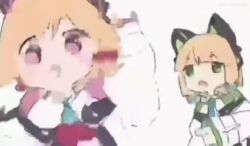 2girls animal_ears animated audible_speech blonde_hair blue_archive blue_necktie cat_ears english_audio female_focus green_eyes jacket looking_at_viewer lowres meme midori_(blue_archive) mmmkawaine momoi_(blue_archive) multiple_girls necktie open_mouth pink_eyes pointing pointing_at_viewer racism racist_momoi_(meme) sound video white_background white_jacket