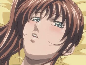 00s 1girl 2003 animated animated_gif bed bed_sheet bible_black bible_black_night_of_the_walpulgiss blush brown_hair closed_eyes green_eyes imari_kurumi implied_cunnilingus long_hair open_mouth ponytail side_ponytail solo sweatdrop tagme