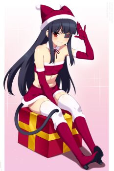 1girl between_legs blunt_bangs blush boots box breasts cat_tail commentary detached_collar elbow_gloves english_commentary eyepatch full_body fur-trimmed_gloves fur-trimmed_skirt fur_trim gift gift_box gloves gradient_background grin hand_between_legs hand_up hat high_heel_boots high_heels highres lindaroze long_hair mirai_(senran_kagura) neck_ribbon pink_background red_boots red_eyes red_hat red_ribbon red_skirt ribbon santa_hat senran_kagura sitting skirt small_breasts smile solo tail thighhighs thighs very_long_hair white_thighhighs