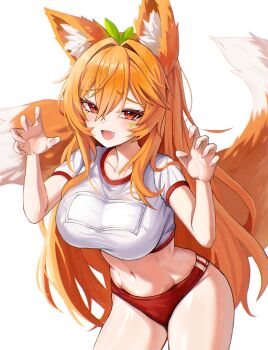 1girl :d absurdres animal_ear_fluff animal_ears breasts collarbone commentary commission cowboy_shot crop_top fang fingernails hair_between_eyes hands_up highres large_breasts micro_shorts multicolored_shirt multicolored_shorts navel open_mouth orange_hair original red_eyes red_shirt red_shorts shirt short_sleeves shorts simple_background skin_fang smile solo stomach tail two-tone_shirt two-tone_shorts white_background white_shirt white_shorts zzirit6