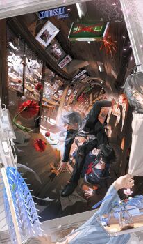 1boy 1girl absurdres black_hair black_jacket black_necktie black_pants black_serafuku black_shoes black_skirt black_suit blood blood_on_clothes blood_on_face blue_eyes blue_shirt blush broken_glass brown_shoes chromatic_aberration closed_mouth clothes_grab commission crying crying_with_eyes_open curtains cuts english_text falling_petals floating floating_object flower formal_clothes glass glass_shards glasses glint grey_hair hair_ornament hair_over_one_eye hairclip hand_on_floor hetero highres holding holding_flower hospital_gown indoors injury intravenous_drip jacket long_hair looking_at_another lying magic mau_sakura multiple_views neckerchief necktie on_back on_floor on_one_knee origami original painting_(object) pants paper paper_crane parted_lips petals picture_frame pink_flower pink_petals pleated_skirt red_flower red_neckerchief red_petals school_uniform serafuku shirt shoes short_hair silk sitting skeb_commission skirt spider_web striped_clothes striped_shirt suit surreal sweater table tears torn_clothes torn_pants vase vertical-striped_clothes vertical-striped_shirt white_sweater window wooden_floor yellow_eyes