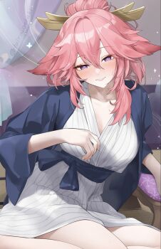 Rule 34 | 1girl, alternate costume, animal ears, bath yukata, blue haori, blush, breasts, choko (cup), cleavage, commentary request, cup, drunk, fox ears, genshin impact, haori, highres, indoors, japanese clothes, kimono, looking at viewer, pink hair, purple eyes, sitting, solo, striped clothes, striped kimono, taira (taira oekaki), vertical-striped clothes, vertical-striped kimono, yae miko, yokozuwari, yukata