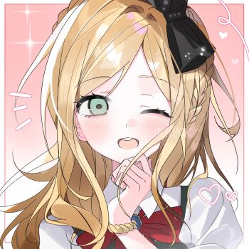 1girl artist_request black_bow black_vest blonde_hair bow bowtie bracelet commission danganronpa_(series) danganronpa_2:_goodbye_despair green_eyes hair_bow highres jewelry looking_at_viewer one_eye_closed portrait puffy_sleeves red_bow red_bowtie second-party_source shirt solo sonia_nevermind vest white_shirt