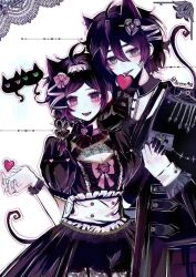 1boy 1girl :d aegyo_sal ahoge andrew_graves animal_ears anmo418 ashley_graves bandaged_head bandages black_bow black_bowtie black_coat black_dress black_gloves black_scrunchie black_tail bow bowtie braid breasts brother_and_sister buttons cat cat_boy cat_ears cat_girl cat_tail center_frills chinese_commentary cleavage cleavage_cutout clothing_cutout coat collared_shirt colored_skin commentary_request corset cowboy_shot double-breasted double-parted_bangs dress earrings elbow_gloves frilled_corset frilled_sleeves frills gloves green_eyes hair_between_eyes hair_bow hair_ornament hands_up heart heart_button heart_earrings heart_hair_ornament highres holding_hands jewelry kemonomimi_mode long_hair long_sleeves looking_at_viewer open_mouth outline pink_bow pink_eyes puffy_short_sleeves puffy_sleeves ringed_eyes scrunchie shirt short_hair short_sleeves siblings side_braid simple_background single_braid single_elbow_glove single_glove small_breasts smile standing tail teeth the_coffin_of_andy_and_leyley tongue tongue_out twitter_username upper_teeth_only white_background white_corset white_outline white_shirt white_skin wrist_scrunchie