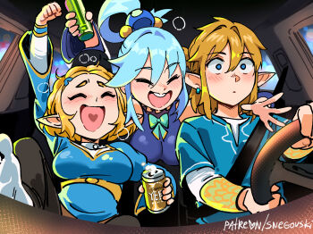 Rule 34 | 1boy, 2girls, alcohol, aqua (konosuba), arm over shoulder, arm up, beer, beer can, blonde hair, blue hair, blue shirt, blush, bottle, bow, breasts, bubble, can, car interior, clenched hand, closed mouth, commentary, drink can, driving, drunk, ear piercing, elf, english commentary, green bow, hair ornament, hairclip, highres, holding, holding bottle, kono subarashii sekai ni shukufuku wo!, large breasts, leg up, light blue hair, link, long hair, long sleeves, medium breasts, medium hair, multiple girls, nintendo, open mouth, piercing, pointy ears, princess zelda, seatbelt, shirt, short hair, signature, snegovski, socks, squeans, steering wheel, teeth, the legend of zelda, the legend of zelda: breath of the wild, the legend of zelda: tears of the kingdom, undershirt, upper teeth only, white socks, wide-eyed