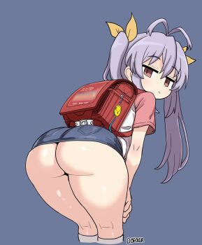 1girl absurdres age_difference antenna_hair ass ass_focus backpack bag bent_over cowboy_shot dimitri_becker expressionless from_behind hair_ribbon highres huge_ass kyojiri_loli legs loli miyauchi_renge non_non_biyori pink_eyes purple_hair randoseru ribbon shirt skirt socks solo standing thick_thighs thighs twintails