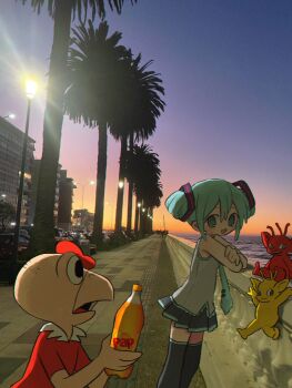 Rule 34 | 1boy, 1girl, alternate hairstyle, black boots, black skirt, blue eyes, blue hair, blue necktie, boots, bottle, commentary, commentary request, condorito, condorito (character), crossed arms, double bun, english commentary, evening, grey shirt, hair bun, hatsune miku, highres, holding, holding bottle, lamppost, looking at viewer, mixed-language commentary, necktie, open mouth, palm tree, pleated skirt, railing, red shirt, ri (qrcode), shirt, short hair, short sleeves, skirt, sleeveless, sleeveless shirt, spanish commentary, thigh boots, tie clip, tree, vocaloid