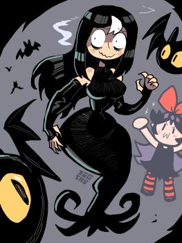 2girls artist_name bags_under_eyes bat_(animal) black_dress black_hair blush_stickers bow breasts commentary detached_sleeves digsaw dress english_commentary grey_background hair_bow highres large_breasts long_hair multiple_girls narrow_waist noss_&amp;_zakuro noss_(rariatto) pantyhose red_bow red_pantyhose simple_background solo_focus striped_clothes striped_pantyhose wavy_mouth wide_hips zakuro_(rariatto)