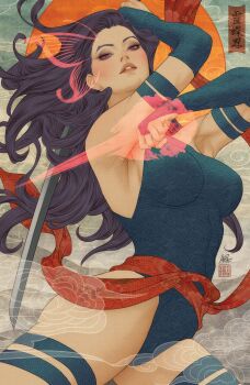 Rule 34 | 1girl, absurdres, aqua background, black eyeshadow, blue bridal gauntlets, blue leotard, breasts, bridal gauntlets, butterfly wings, cloud, comic cover, cover, cover page, cowboy shot, energy sword, eyeshadow, floating hair, highres, holding, holding sword, holding weapon, insect wings, katana, large breasts, leotard, long hair, looking at viewer, makeup, marvel, official art, parted lips, psylocke, purple eyes, purple hair, red sash, sash, seigaiha, solo, stanley lau, sword, textless version, thigh strap, waist sash, weapon, wings, x-men