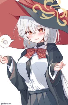 1girl baram black_hat black_jacket black_shirt blue_archive blush bow braid breasts brown_eyes button_gap collared_shirt commentary_request diagonal-striped_bow dress_shirt eri_(blue_archive) grey_hair grey_skirt halo hat highres jacket large_breasts long_hair long_sleeves looking_at_viewer multicolored_hair notice_lines open_clothes open_jacket parted_lips pleated_skirt red_bow red_hair see-through_cleavage see-through_clothes shirt simple_background single_braid skirt solo streaked_hair striped_bow undershirt very_long_hair wavy_mouth white_background white_shirt wide_sleeves witch_hat