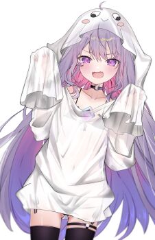 1girl absurdres ahoge black_choker black_thighhighs blush castellayaki chest_jewel choker claw_pose collarbone colored_inner_hair fangs flat_chest gem ghost_costume gluteal_fold gradient_hair highres hololive jewel_under_eye koseki_bijou loli long_hair long_sleeves multicolored_hair navel open_mouth pink_hair purple_gemstone purple_hair see-through_clothes simple_background skin_fangs sleeves_past_fingers sleeves_past_wrists solo thighhighs very_long_hair virtual_youtuber white_background