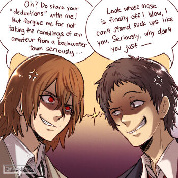 2boys adachi_tooru akechi_gorou black_gloves black_suit brown_hair business_suit english_text formal_clothes gloves gzei highres lightning_glare male_focus multiple_boys necktie persona persona_4 persona_5 red_eyes speech_bubble striped_clothes striped_necktie suit vertical-striped_clothes vertical-striped_necktie