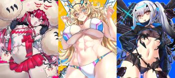Rule 34 | 3girls, abs, absurdres, animal hands, aqua eyes, baobhan sith (fate), baobhan sith (swimsuit pretender) (first ascension) (fate), barghest (fate), barghest (swimsuit archer) (final ascension) (fate), bikini, black bikini, blonde hair, blush, breasts, cernunnos (fate), character hood, detached collar, ebora, faerie knights (fate), fate/grand order, fate (series), fish bottle, grey eyes, gun, hair ornament, hairclip, hand on own hip, headwear with attached mittens, highres, huge breasts, jacket, long hair, looking at viewer, machine gun, mask, melusine (fate), melusine (swimsuit ruler) (fate), melusine (swimsuit ruler) (first ascension) (fate), midriff, mouth mask, multicolored bikini, multicolored eyes, multiple girls, muscular, muscular female, navel, o-ring, o-ring bikini, open mouth, pink background, pink hair, pointy ears, ponytail, pubic tattoo, red skirt, rocket launcher, servant summer festival! 2023, shiny skin, shrug (clothing), sidelocks, skindentation, skirt, small breasts, smile, standing, star (symbol), swimsuit, tattoo, thighs, tongue, tongue out, two-tone eyes, underboob, very long hair, weapon, white bikini, white hair, white jacket, yellow eyes