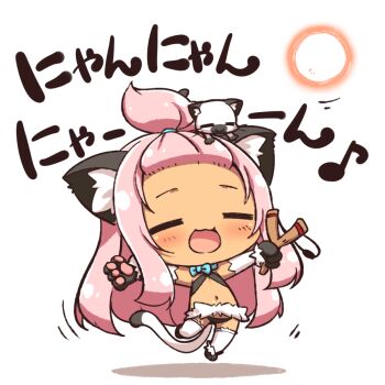 Rule 34 | 1girl, animal, animal ears, animal hands, animal on head, arms up, bikini, black bikini, black gloves, cat, cat ears, cat girl, cat tail, chibi, closed eyes, forehead, gloves, jumping, koihime musou, kuwada yuuki, long hair, navel, official art, on head, open mouth, outstretched arms, paw gloves, pink hair, shamu (koihime musou), slingshot (weapon), smile, suzukuri karin-chan, swimsuit, tail, thighhighs, topknot, translation request, white thighhighs