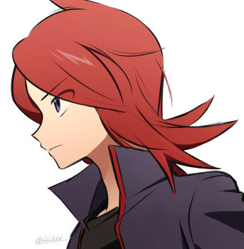 1boy black_jacket black_shirt chueog closed_mouth crew_neck eyes_visible_through_hair from_side frown grey_eyes highres jacket male_focus medium_hair nintendo open_clothes open_jacket parted_bangs pokemon pokemon_hgss popped_collar red_hair red_trim shirt silver_(pokemon) simple_background solo twitter_username white_background