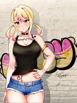 1girl absurdres armlet bare_shoulders black_choker black_shirt blonde_hair blush bracelet breasts brick_wall choker collarbone_tattoo cowboy_shot denim denim_shorts fairy_tail highres jewelry large_breasts lucy_heartfilia multicolored_hair pink_hair ranea ring shirt short_shorts shorts solo stomach_tattoo tattoo teeth twintails two-tone_hair yellow_eyes