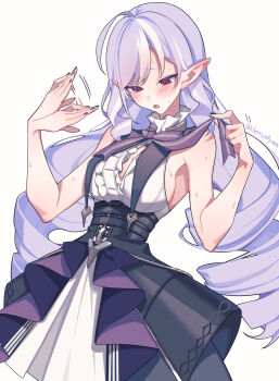 1girl adapted_costume ahoge bare_arms bare_shoulders black_nails blush breast_curtains breasts center_frills dress fanning fanning_self frills full-body_blush highres hot long_hair medium_breasts miri_(cherryjelly) mole mole_under_eye open_mouth pointy_ears purple_hair red_eyes sideboob simple_background solo sweat textless_version vivian_banshee walk-in white_background zenless_zone_zero