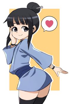 1girl absurdres abysswatchers black_eyes black_hair black_thighhighs border closed_mouth cowboy_shot fishnet_armwear from_behind heart highres japanese_clothes kimono kunoichi_tsubaki_no_mune_no_uchi long_sleeves looking_at_viewer looking_back matching_hair/eyes mokuren_(kunoichi_tsubaki_no_mune_no_uchi) sidelocks simple_background smile solo spoken_heart standing thighhighs thighs white_border yellow_background