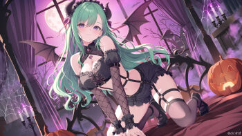 1girl bare_shoulders bat_(animal) bat_wings bed bedroom blush breasts candle chandelier chest_jewel curtains demon_girl detached_sleeves devil fire fishnets garter_straps garters gradient_sky green_hair halloween hanging_breasts horns jewelry kneeling large_breasts long_hair mole mole_on_breast moon navel night no_bra o-ring pink_sky pumpkin purple-eyes purple_eyes purple_fire see-through_clothes silk skirt sky smile spider_web tail thighhighs vspo! wallpaper window wings yakumo_beni yoshino_ryou