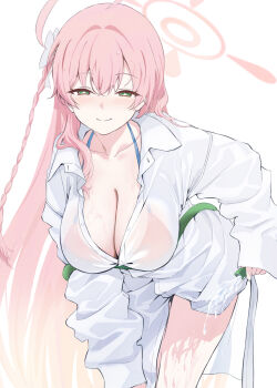 1girl ahoge bikini bikini_under_clothes bikini_visible_through_clothes blonde_hair blue_archive braid breasts cleavage closed_mouth cowboy_shot dress_shirt gradient_hair green_eyes halo halterneck hanako_(blue_archive) hanako_(swimsuit)_(blue_archive) highres holding holding_hose hose huge_ahoge kayoh0731 kneeling large_breasts leaning_forward long_hair looking_at_viewer multicolored_hair no_pants official_alternate_costume oversized_clothes oversized_shirt partially_unbuttoned pink_bikini pink_hair pink_halo seductive_smile see-through_clothes see-through_shirt shirt side_braid simple_background single_braid smile solo swimsuit very_long_hair wet wet_clothes wet_shirt white_background white_shirt