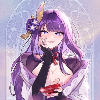 Rule 34 | 1girl, artist name, blue pupils, blunt bangs, blush, breasts, bridal gauntlets, cleavage, clothing cutout, commentary request, cup, fan hair ornament, genshin impact, getty-gy, hair ornament, hand on own cheek, hand on own face, head tilt, highres, holding, holding cup, japanese clothes, kimono, large breasts, long hair, looking at viewer, mole, mole under eye, neck ribbon, off shoulder, purple background, purple eyes, purple hair, purple kimono, purple nails, raiden shogun, red ribbon, ribbon, sakazuki, shoulder cutout, shy, smile, solo, standing, sunlight, teeth, upper body, wet