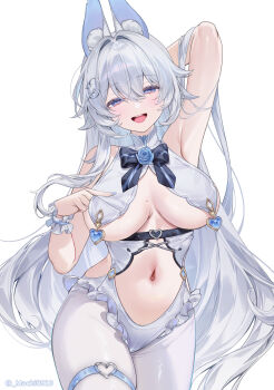 1girl animal_ear_fluff animal_ears arm_behind_head arm_up bare_shoulders black_bow black_bowtie blue_eyes blue_flower blue_nails blue_rose bow bowtie breast_curtains breasts breasts_apart chinese_commentary collar commentary commentary_request cowboy_shot english_commentary fingernails flower frilled_wrist_cuffs frills hair_between_eyes hair_intakes hair_ornament half-closed_eyes highres kemonomimi_mode large_breasts light_blush long_fingernails long_hair looking_at_viewer machi_(machi0910) machi_(machi0910)_(person) mixed-language_commentary mole mole_on_breast nail_polish navel no_bra open_mouth original pantyhose rabbit_ears rose simple_background smile solo stomach thigh_strap twitter_username very_long_hair white_background white_collar white_hair white_pantyhose white_wrist_cuffs wrist_cuffs