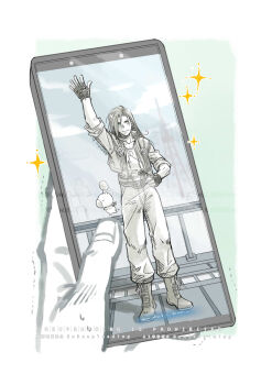 1boy 80850love_fu baggy_pants black_gloves boots cellphone creature dog_tags final_fantasy final_fantasy_viii fingerless_gloves full_body gloves hand_on_own_hip highres holding holding_phone jacket laguna_loire long_hair male_focus moogle pants phone sleeves_rolled_up smartphone smile sparkle trembling waving
