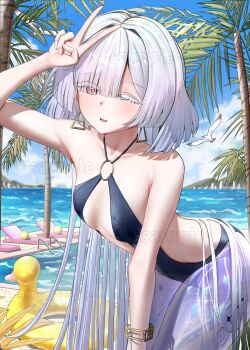 1girl absurdres alternate_costume arm_up bare_shoulders black_one-piece_swimsuit blue_sky breasts collarbone colored_eyelashes commentary_request day earrings fei_chong grey_hair highres jewelry leaning_forward long_hair looking_at_viewer mornye_(wuthering_waves) ocean one-piece_swimsuit one_eye_closed outdoors parted_lips partial_commentary red_eyes sample_watermark see-through_body sky small_breasts smile solo swimsuit tacet_mark_(wuthering_waves) triangle_earrings v watermark wuthering_waves