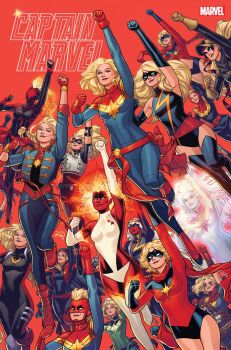 Rule 34 | 1girl, arm up, avengers (series), black leotard, blonde hair, braid, captain marvel, carol danvers, character name, clenched hand, clothing cutout, colored skin, comic cover, commentary, domino mask, elbow gloves, english commentary, english text, eye mask, fiery hair, fingerless gloves, floating hair, gloves, hair slicked back, highres, jacket, leotard, marvel, mask, mohawk, ms. marvel, multiple persona, orange background, red gloves, red sash, red skin, russell dauterman, sash, short hair, stomach cutout, superhero costume, white gloves