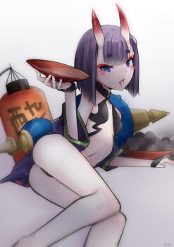 1girl absurdres alcohol ass bare_shoulders blush breasts bridal_gauntlets cup deko_morii eyeliner fate/grand_order fate_(series) food fruit fruit_bowl gourd grapes highres horns japanese_clothes kimono lantern long_sleeves looking_at_viewer lying makeup navel oni paper_lantern purple_eyes purple_hair purple_kimono revealing_clothes sakazuki sake short_hair short_kimono shuten_douji_(fate) skin-covered_horns small_breasts solo tongue tongue_out wide_sleeves