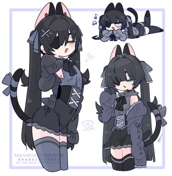 1boy animal_ear_fluff animal_ears armpit_crease bare_shoulders bell black_corset black_hair black_ribbon black_skirt black_tail black_thighhighs blue_eyes blunt_bangs blush bow bulge cardigan cat_boy cat_ears cat_tail chibi collar collared_shirt commentary corset covered_navel cowboy_shot crossdressing crossdressing_(mtf) double-parted_bangs earclip extra_ears eyepatch flipped_hair frilled_collar frilled_shirt_collar frilled_skirt frills from_side full_body grey_bow grey_cardigan grey_ribbon grey_shirt grey_thighhighs hair_between_eyes hair_bow hair_intakes hair_ornament hand_up head_rest heart highres jitome leaning_forward leg_up long_hair long_sleeves lying male_focus miniskirt multiple_views musical_note narrowed_eyes neck_bell neck_ribbon no_nose off_shoulder on_stomach one_eye_covered op_na_yarou open_cardigan open_clothes open_mouth original panties quad_tails raised_inner_eyebrows ribbon rigel_(op_na_yarou) see-through_clothes see-through_skirt shirt side-tie_panties sidelocks simple_background skirt sleeveless sleeveless_shirt sleeves_past_fingers sleeves_past_wrists standing straight_hair tail tail_bow tail_ornament tail_ribbon thighhighs thighs trap underwear very_long_hair watermark white_background x_hair_ornament