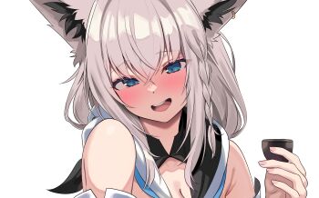 1girl :d animal_ear_piercing animal_ears bare_shoulders blue_eyes blush braid breasts choko_(cup) cleavage commentary crossed_bangs cup detached_sleeves double-parted_bangs fox_ears fox_girl hair_between_eyes highres holding holding_cup hololive hood hooded_vest hoodie kumarang looking_at_viewer open_mouth shadow shirakami_fubuki shirakami_fubuki_(1st_costume) side_braid sidelocks simple_background single_braid smile solo teeth tile_wall tiles upper_teeth_only vest virtual_youtuber white_background white_hair