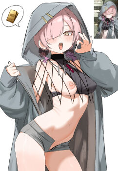 1girl absurdres black_bow black_nails blue_shorts bow breasts brown_eyes character_request chinese_commentary coat commentary_request denim denim_shorts fellatio_gesture game_screenshot_inset girls'_frontline girls'_frontline_2:_exilium gradient_hair grey_coat grey_shorts hair_bow hair_over_one_eye highres hood hood_up hooded_coat jewelry long_hair looking_at_viewer low_twintails medium_breasts micro_shorts midriff multicolored_hair navel necklace nipples one_breast_out open_clothes open_coat open_fly open_mouth open_shorts pink_hair screenshot_inset shenqi_xiaohuang short_shorts shorts simple_background small_breasts solo speech_bubble twintails white_background yellow_eyes